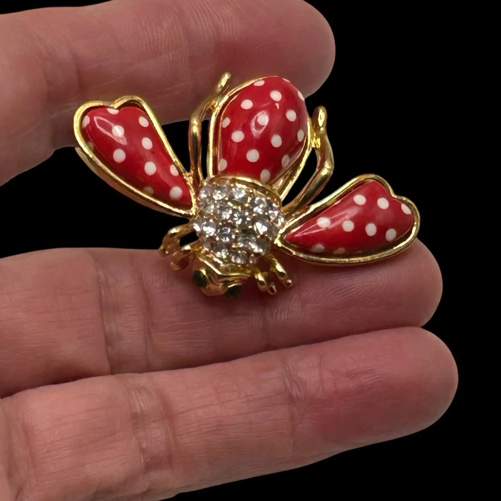 Joan Rivers Enamel Bee Pin Polka Dots Swarovski Crystal